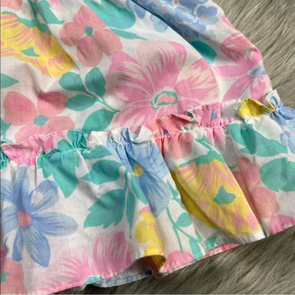 Vintage Baby Girls Blue Pink Floral Ruffle Pinafore Dress